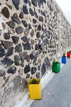 Stone wall and cache-pot with plants Stock Photos