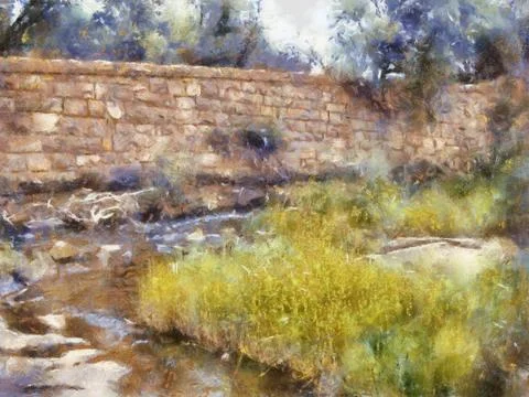 Stone wall and river Stock Illustration