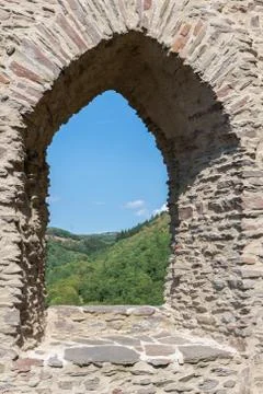 Stone wall and window opening of ruin castle Brandenbourg, Luxembourg Stock Photos