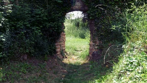 Stone wall with arch to bring out the injured horses in Roman times at the Stock Footage 90137553