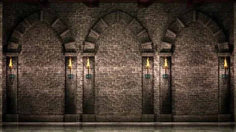 Stone wall with arches and torches Stock Illustration