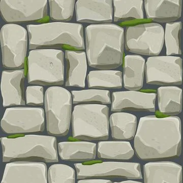 Stone wall from bricks, rock with old moss, game background in cartoon style Stock Illustration