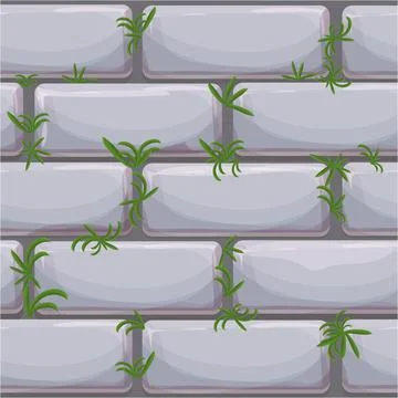 Stone wall from bricks, rock wall with grass game background in cartoon style Stock Illustration