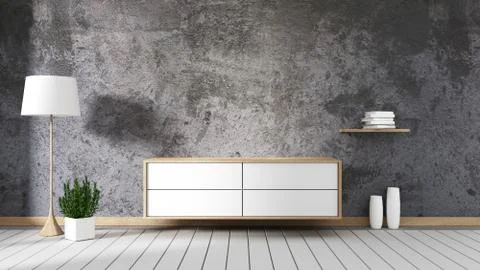 Stone wall with cabinet mock up interior decoration empty room. 3D rendering Ilustración de archivo