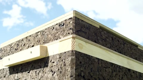 Stone Wall Corner With Timber Roof Beams, Building Exterior, Low Angle Shot Stock Footage 341296020