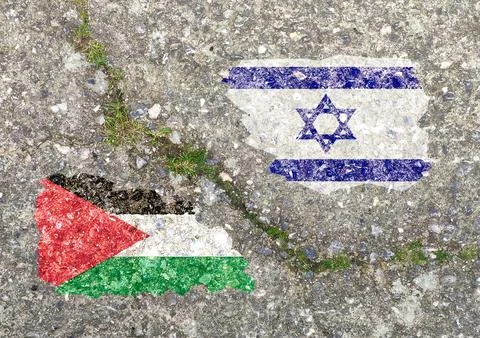A stone wall with a crack separating two graffiti with the flags of Israel an Stock Photos