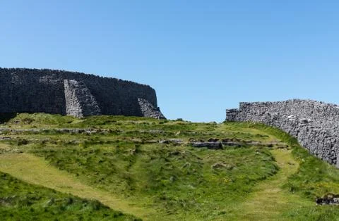 Stone wall at dun aonghasa aran islands Stock Photos