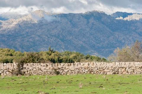 Stone wall in the field Stock Photos