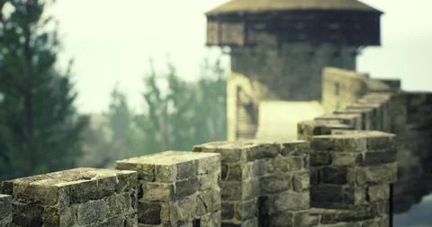 Stone wall leading to ancient tower surrounded by trees at dawn Stock Illustration