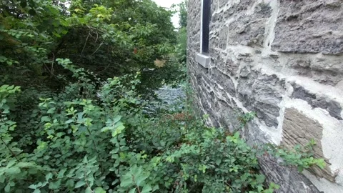 Stone wall looking down on a river Stock Footage 135769781