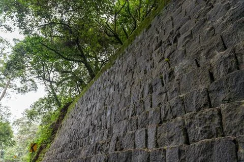 A stone wall with moss growing on it Stock Photos