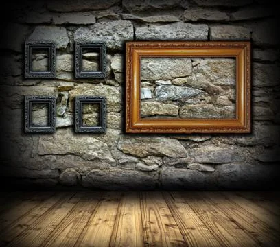 Stone wall with old wood empty painting frames イラスト素材