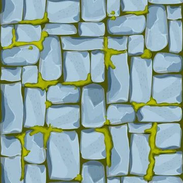 Stone wall, pavement from bricks, rocks with moss , game background in cartoon Illustrazione stock