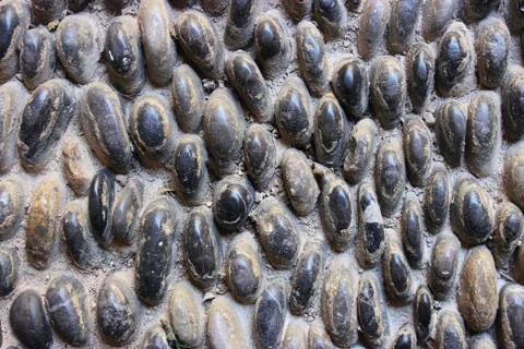 Stone wall texture, road made of small round and oval stones Stock Photos