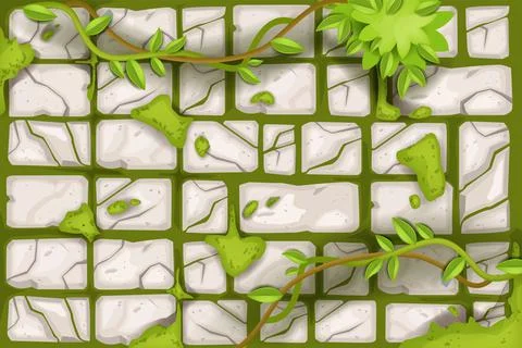 Stone wall vector cracked rock texture, old ancient tile background, moss Stock Illustration
