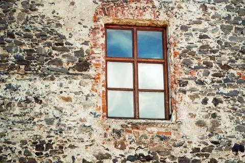 Stone wall with window, old wall, stone wall, castle palace Stock Photos