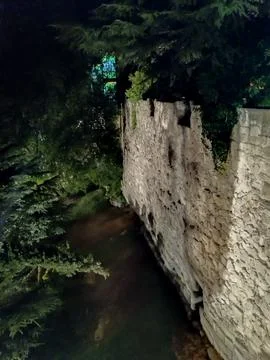 Stone wallk and tree at de la merced garden, salamanca city, spain 스톡 사진