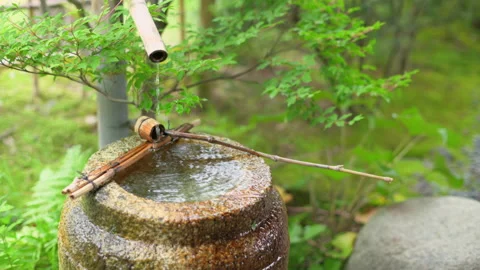 Stone water basin with bamboo pipe. Japanese garden motif. Stock Footage 164814565