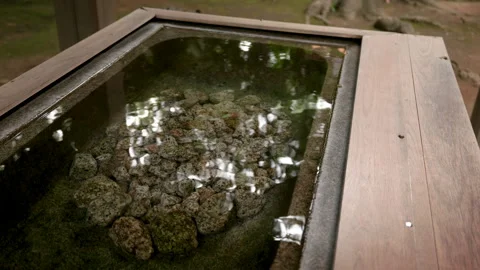 Stone water basin with shimmering reflections at shrine Видео 344785598