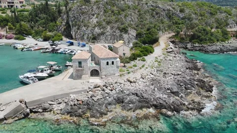 Stone Waterfront Building and Harbor near Kardamyli, Mani, Greece Stock Footage 342245467