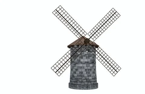 Stone windmill on a white background. Isolated historical object. 3D renderin Stock Illustration