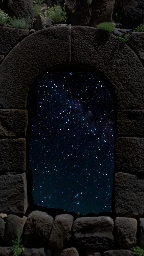 Stone window arch framing a starry night sky and Milky Way Galaxy timelapse Stock Footage 347864958