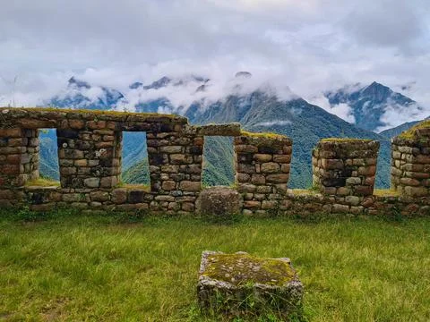 Stone windows of Inca ruins on the trail to Machu Picchu, Peru. Stock Photos