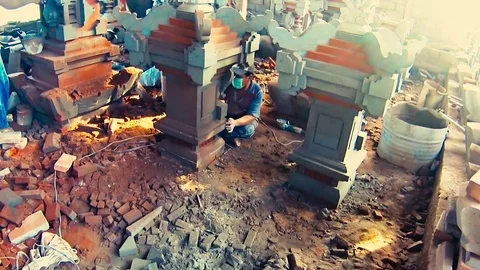 Stone worker, bricks decore Stock Footage 77916004
