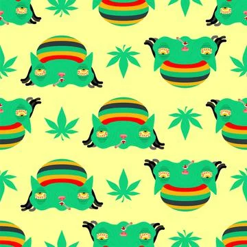 Stoned rasta cat pattern seamless. trippy pet. background Cat addict with red Stock Illustration