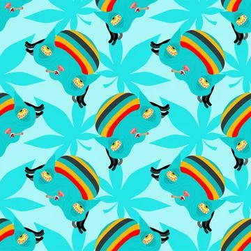 Stoned rasta cat pattern seamless. trippy pet. background Cat addict with red Stock Illustration