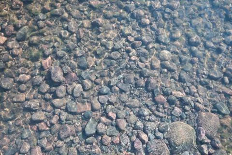 Stones beneath the clear water of a river. Top view. Foto stock