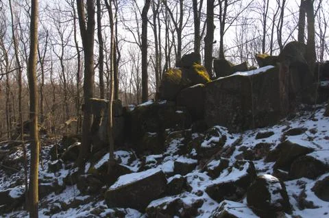 Stones built up into structure in the forest Stock Photos
