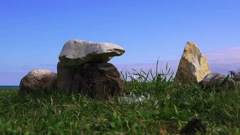 Stones close up on the green grass on the seashore Stock Footage 101830397