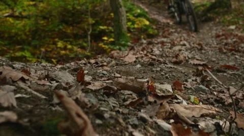 Stones flying towards the camera after mountain bicycle passes in slow motion Video stock 44236901