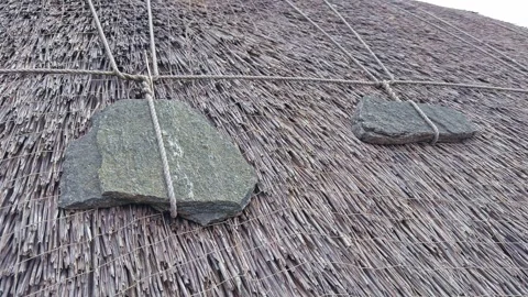 Stones weigh down thatch on a croft cottage in Scotland Vídeo Stock 294194542
