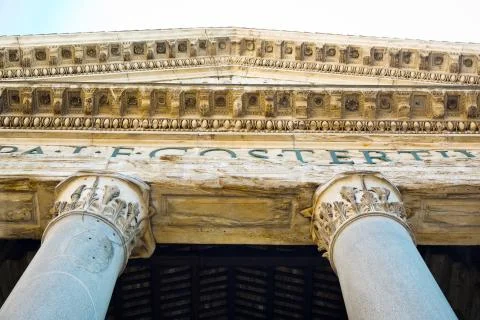 Stonework of facade, from bottom view, on Pantheon on Piazza della Rotonda in 写真素材