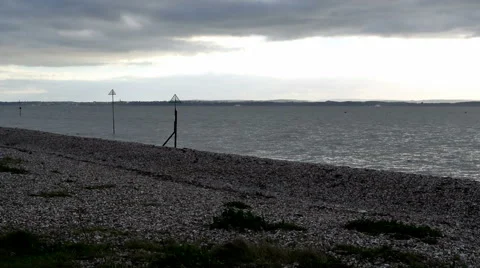 Stoney beach at Lee-on-the-Solent looking out to sea at the Isle of Wight Stock Footage 45593207