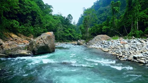 Stony bed of beautiful aquamarine mountain river running in dense jungle Stock Footage