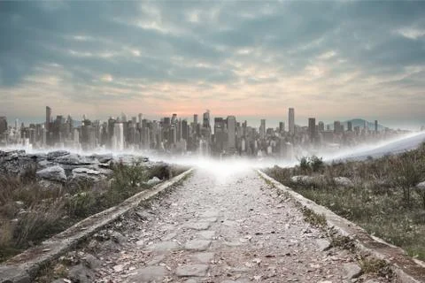 Stony path leading to large city on the horizon Stock Illustration