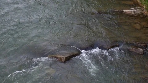 Stony waterfall threshold mountain river stormy streams of turquoise water Stock Footage 114005237