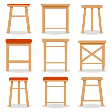 Stool, set of wooden stools on a white background. Vector Stock Illustration