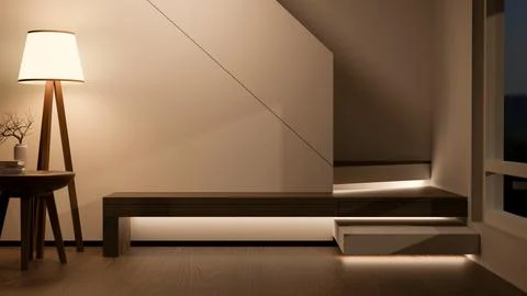 Stool table and high floor lamp on wooden floor aside the wall and stairs w.. Stock Illustration