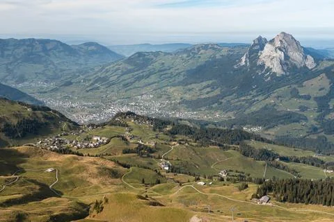 Stoos and Schwyz seen from summit of Klingenstock mountain, Switzerland Stock Photos