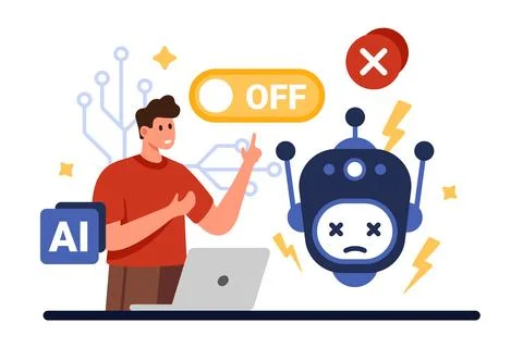 Stop AI, protest against risk using artificial intelligence by tiny man with Off 스톡 일러스트