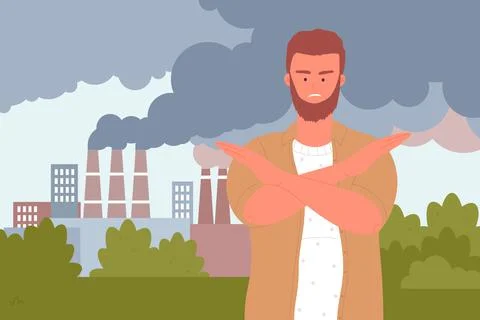 Stop air pollution, ecology problem, volunteer showing stop gesture with arms Illustration