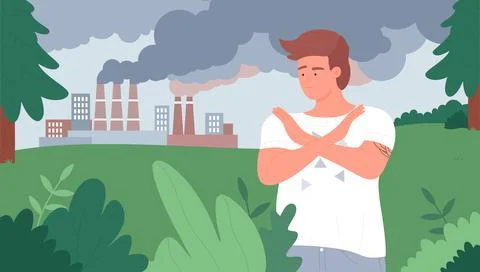 Stop air pollution, ecology problem, volunteer showing stop gesture with arms 库存插图