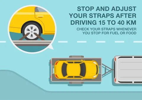 Stop and adjust your straps after driving 15 to 40 km. Top view. Stock Illustration