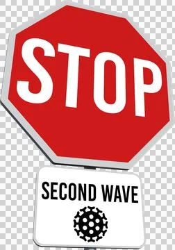 Stop and second wave road signs over black background, corona virus and pandemic Ilustração Stock