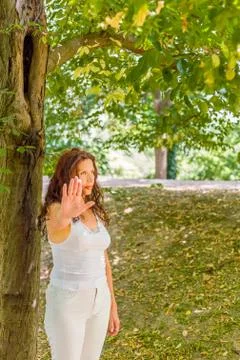 Stop and talk to my hand gesture by over 40 woman Fotos Stock