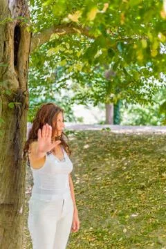 Stop and talk to my hand gesture by over 40 woman Fotos Stock